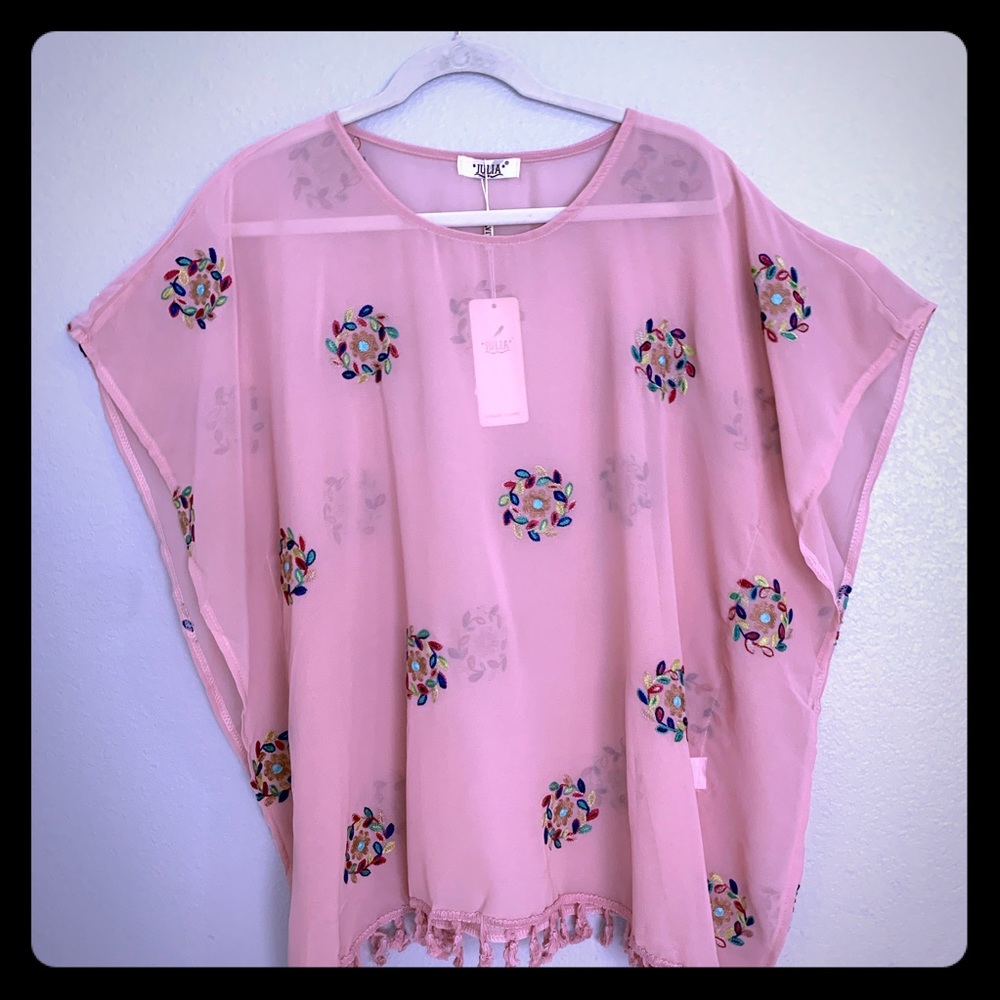 NWT Julia Top Tunic Women’s Floral Embroidered Sheer With Tassels One Size